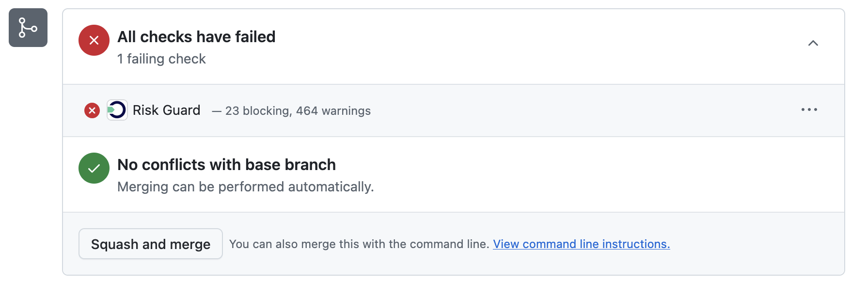 GitHub PR check showing Risk Guard — 23 blocking, 464 warnings